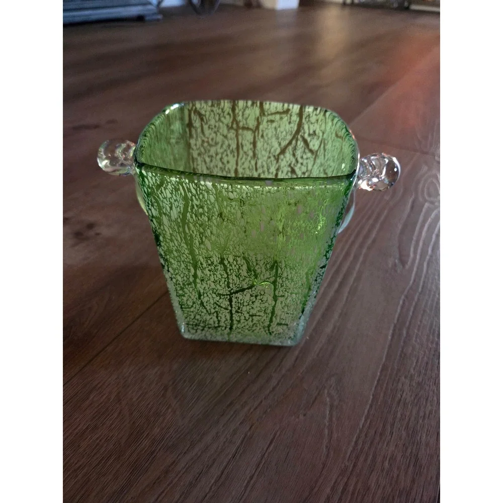 Vintage Green Crackle Art Glass Vase Square Tapered with Clear Handles